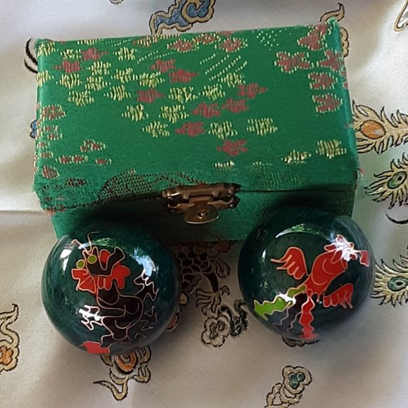 COPY Baoding Therapy Balls Cloisonne Finish Green With Dragon Firebird Yin Yang - Picture 2 of 13